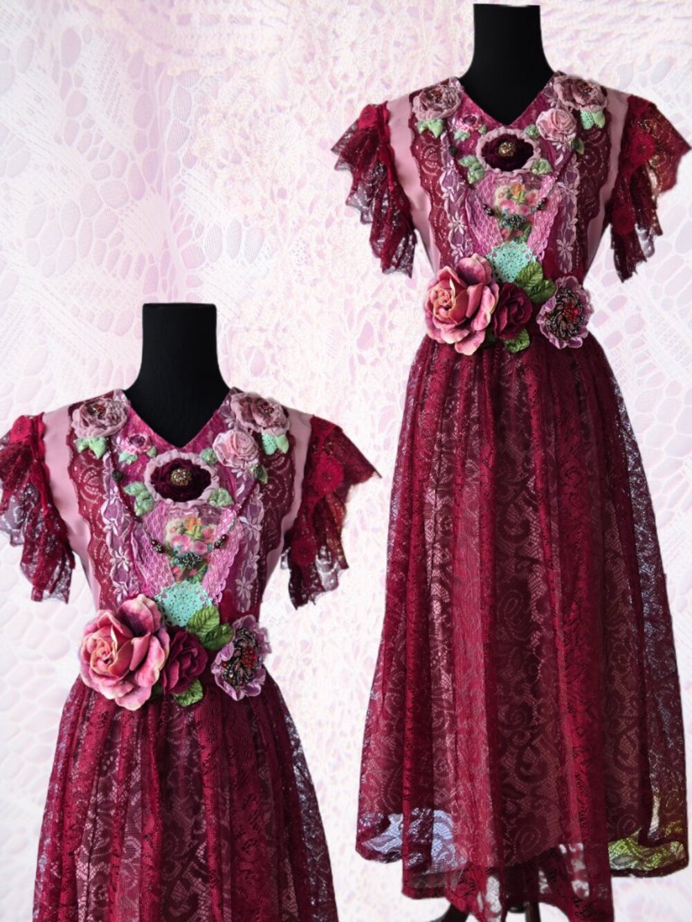 Burgundy Rose Dress Bejewelled Crystal and Velvet Millinery Roses OOAK - Sz Sm